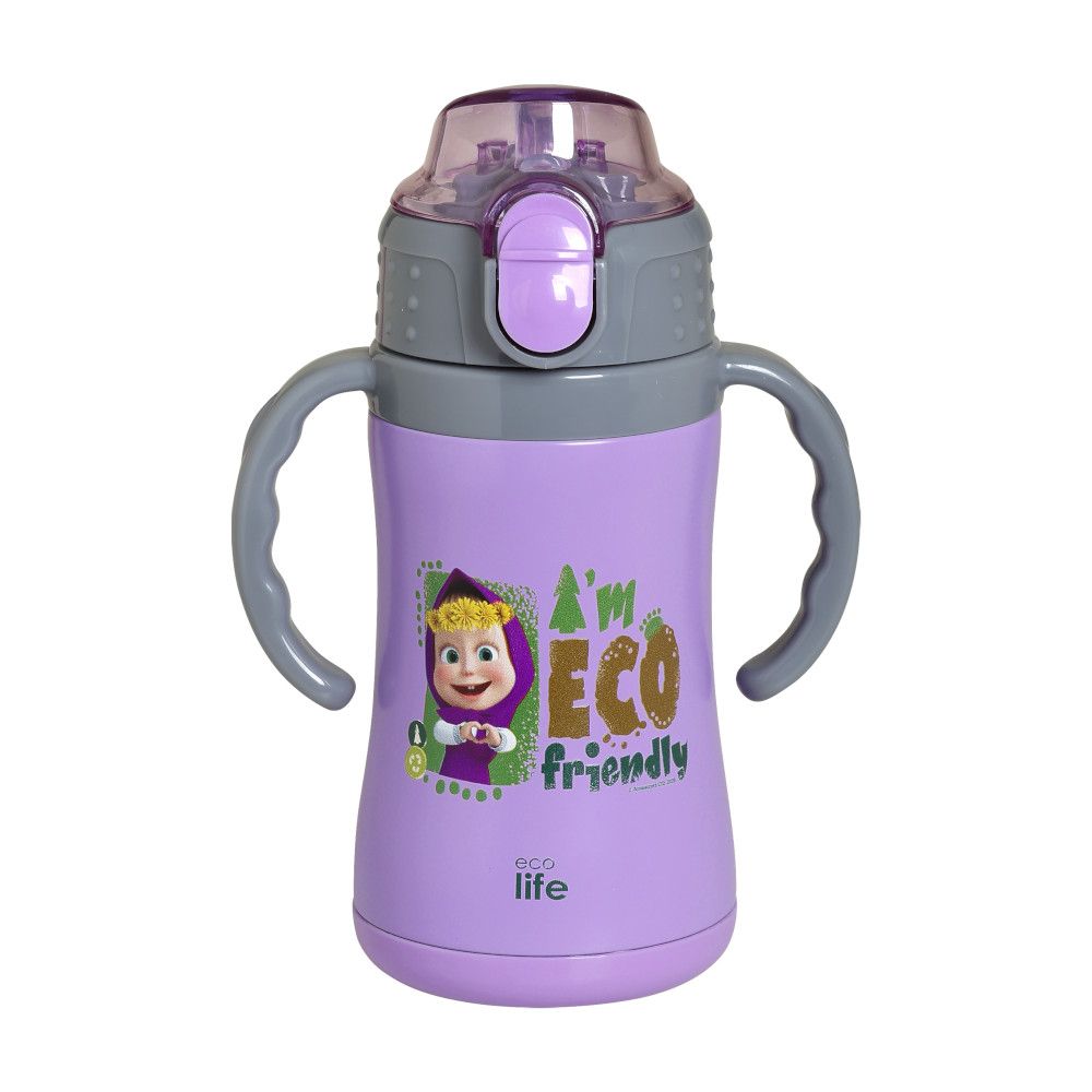 mashalila1111-90dfef48 Ecolife Παιδικό Παγούρι Θερμός Ανοξείδωτο με Καλαμάκι 'Masha -Eco Friendly' 300ml Λιλά - Image 1